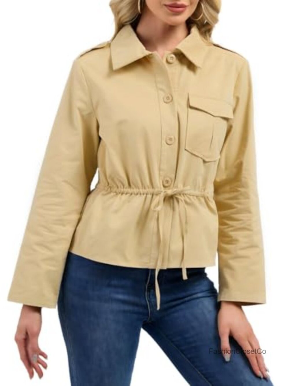 Cropped Utility Jacket with Drawstring Waist Lightweight Cotton Button Up